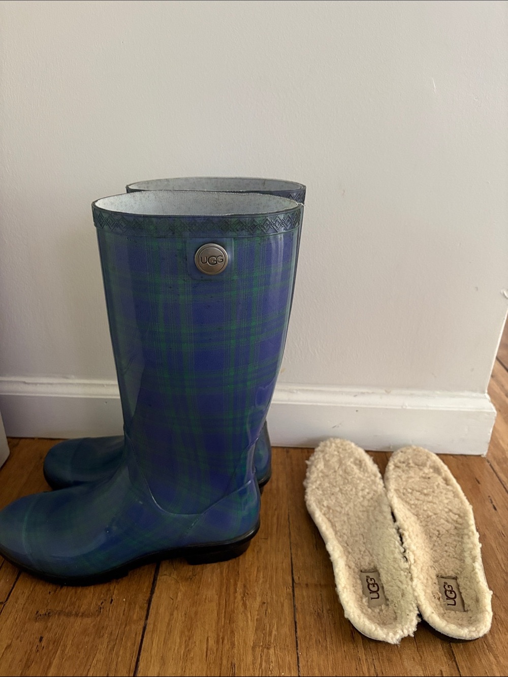 UGG Blue and Green Plaid Rain Boots with Shearling Insoles